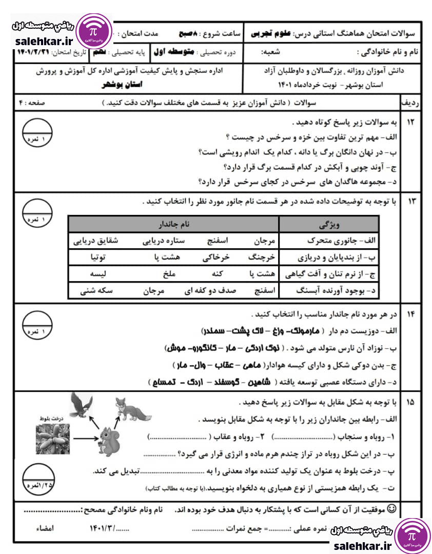 سوالات علوم تجربي نهم خرداد1401 بوشهر